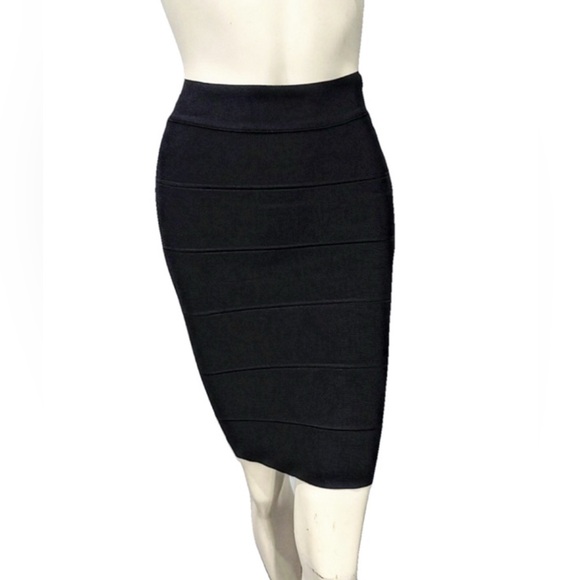 BCBGMAXAZRIA Black Bandage Pencil Skirt XS Bodycon Stretch High Waist Knit Midi - Picture 1 of 7